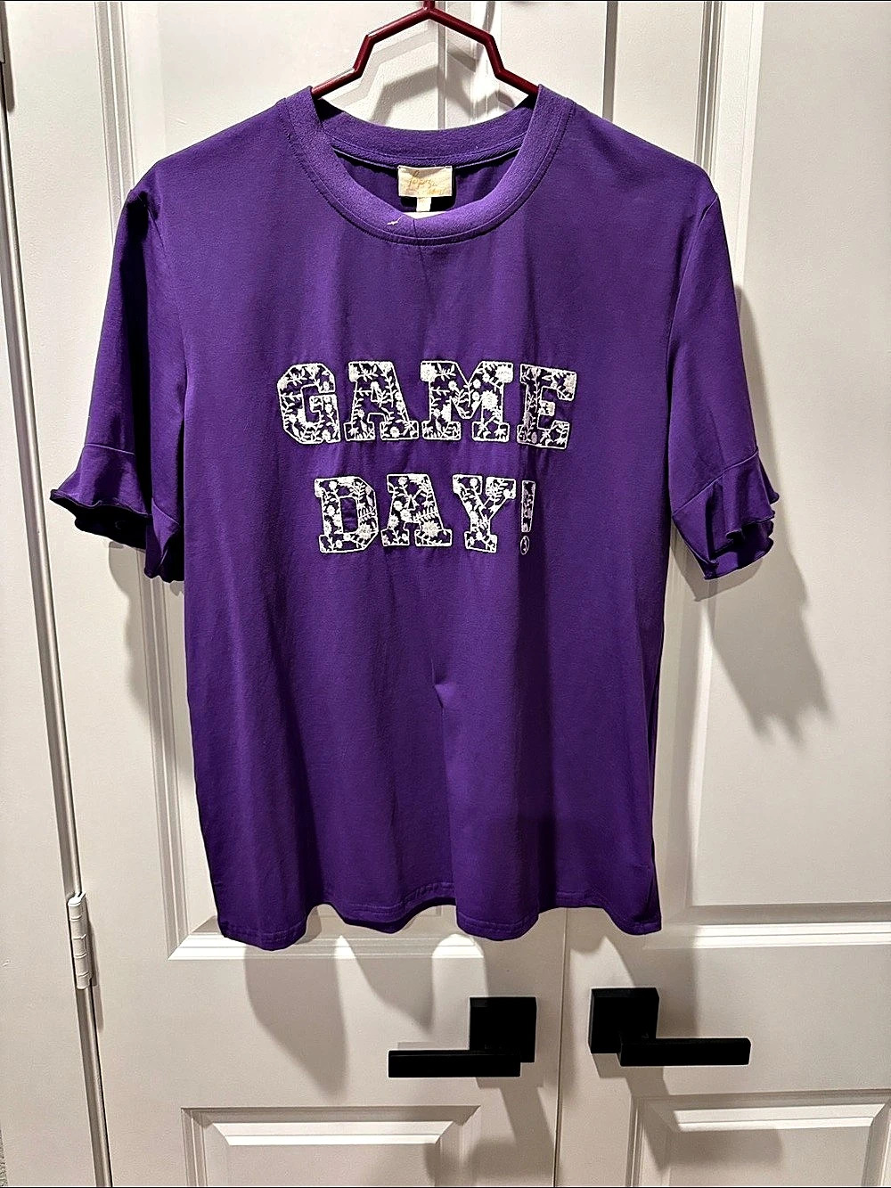 Small Purple Embroidered Game Day Tee with Ruffle Sleeve NWT